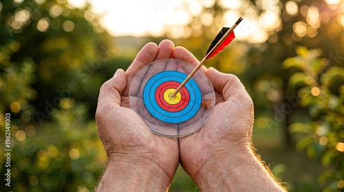 Hands holding a small target with an arrow in the bullseye, symbolizing achievement and success.