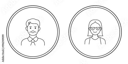 Minimal User Profile Icon Set – Man and Woman Avatars in Circle Frame, Clean Outline Symbols for Interface and Infographics