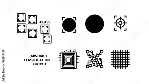 A vector graphic illustration of abstract classification output symbols and icons