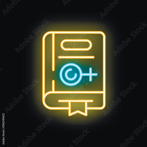 Yellow neon icon of a book with a copyright symbol and a venus symbol, representing the concept of feminist literature