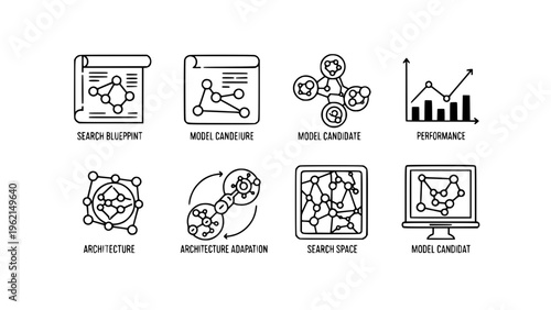 A set of vector icons illustrating machine learning concepts and data analysis