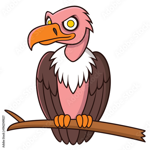 A cartoon vulture perched calmly on a branch with a curious expression