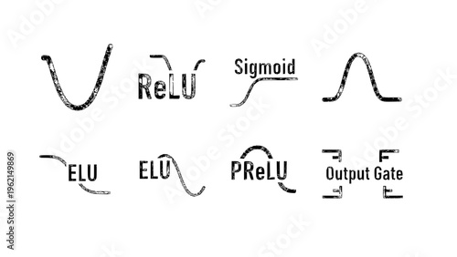 A vector graphic illustration of various neural network activation functions and gate symbols