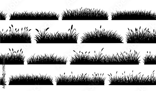 Seamless Grass Silhouette Border Natural Lawn Vector Pattern Set