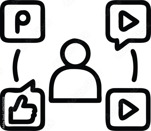 A simple black and white illustration depicts a person connected to social media icons and interactions high quality professional detailed modern elegant stylish clean crisp vibrant