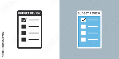 Digital checklist icon for budget review, symbolizing financial assessment, planning, and task completion in business management and fiscal responsibility