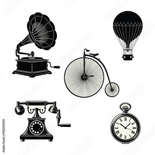 Billede på lærred Elegant black and white illustration of iconic vintage objects including a gramo