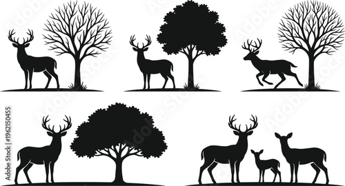 WebDeer silhouette set with forest trees, buck with antlers, doe and fawn family, wildlife nature landscape scenes, isolated vector icons.