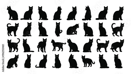 Collection of 30 unique black cat silhouettes in various poses