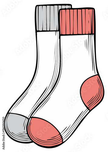 Pair of cartoon style socks in gray and coral colors.