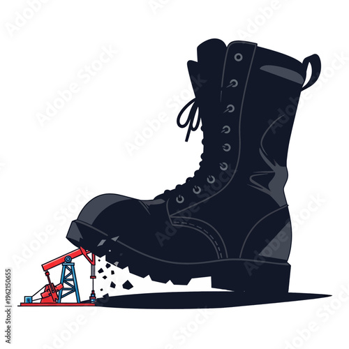 Giant Boot Crushing Oil Derrick Illustration - Environmental Protest Symbol Stock Image Cartoon Graphic Design Vector Art