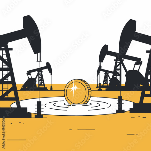 Oil Pump Cryptocurrency Concept Art Digital Illustration Finance Energy Investment Bitcoin Blockchain Technology Mining Crypto Coin Graphic Design