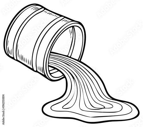 Spilled liquid illustration, metal barrel, flowing substance, messy waste material drawing