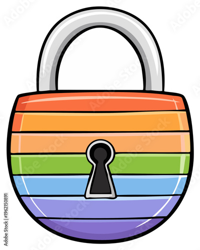 Rainbow striped padlock with silver shackle symbolizing security and pride