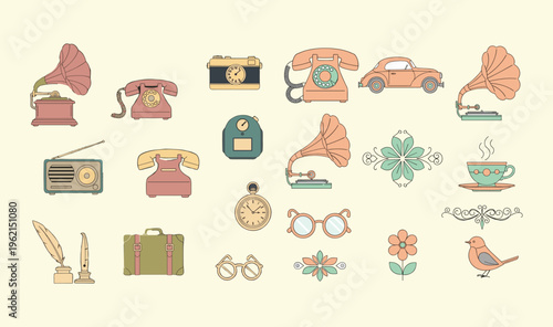A charming collection of retro and vintage-inspired flat design icons, depicting classic antique objects and decorative elements from bygone eras, perfect for nostalgic themes