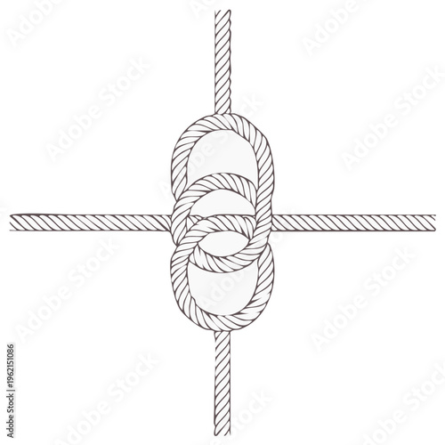 Rope knot diagram showing a complex series of interwoven loops forming an ornamental design on white background, nautical craft
