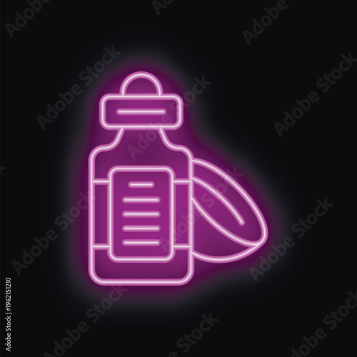 Purple glowing neon sign of a bottle of whey protein with a measuring scoop