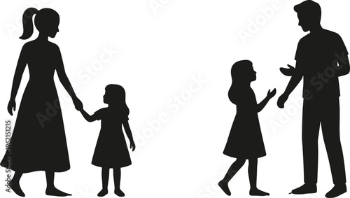 WebFamily silhouette set, mother holding daughter hand, father talking to child, happy parents and children, family relationship icons, isolated vector.