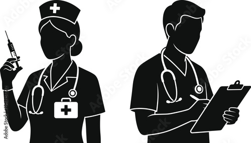 WebDoctor and nurse silhouettes set, medical professionals with stethoscope, syringe, and clipboard, healthcare services, hospital staff icons, isolated vector.