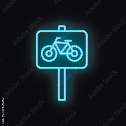 Neon sign showing a bicycle symbol is glowing on a black wall
