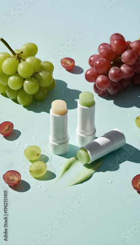 Fresh green and red grapes with cosmetic balm
