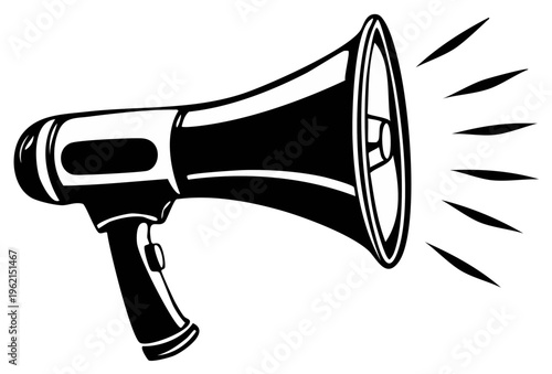 Black and white illustration of a classic megaphone emitting sound waves, symbolizing announcement or speech.