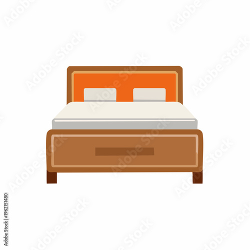 A single bed with an orange headboard and wooden frame is shown indoors.