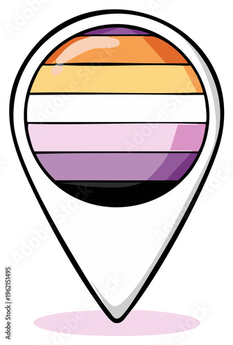 Location pin icon with lesbian pride flag colors inside, representing LGBTQ+ identity and belonging