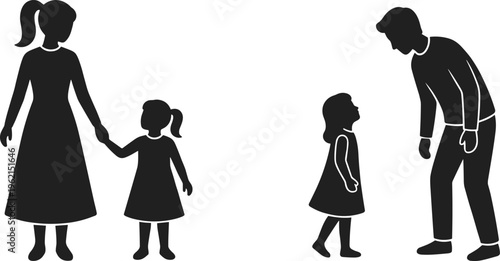 WebFamily silhouettes with mother father and child, parenting interaction vector illustration, people bonding moments, love care concept, isolated black figures set