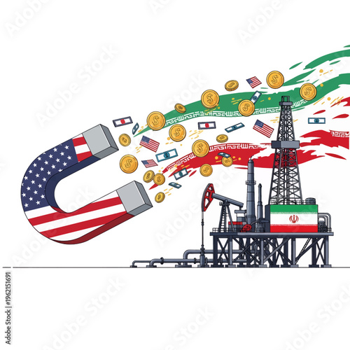 US Economic Influence Oil Rig Magnet Illustration Global Finance Trade Relations Currency Power International Business Cartoon Vector Graphic