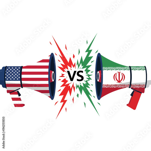 USA vs Iran Conflict Illustration Graphic Design Political Tension International Relations Flag Symbols Debate Confrontation Visual Representation