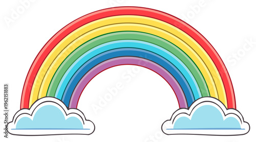 Colorful Rainbow with Clouds Cartoon Illustration Graphic, Represents Diversity and Childhood Joy, Weather Phenomenon Icon