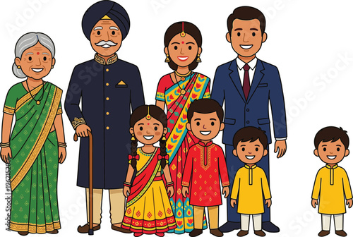 Happy Indian Family Set with Grandparents Parents and Children Wearing Traditional Clothing Like Saree and Sherwani for Cultural Celebration and Diversity Designs
