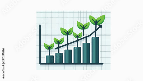 Sustainable Business Growth Bar Chart with Green Sprouts and Upward Arrow. Hand-drawn textured graph illustrating financial progress and eco-friendly investment.