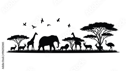 Safari scene with diverse wildlife and trees