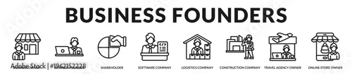 Professional banner highlighting modern business founders and entrepreneurs leading companies across technology, logistics, construction, and digital commerce in Lineal Icon Style