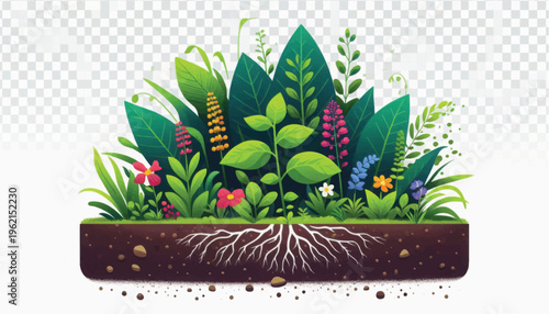 Lush Green Plants Growing in Cross Section of Healthy Soil with Visible Roots | Stylized Ecology and Gardening Illustration