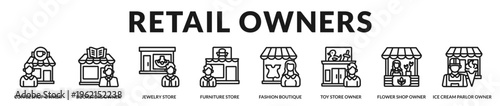 Professional banner showcasing retail entrepreneurs operating specialty stores ranging from cafes and boutiques to bookstores and dessert shops in Lineal Icon Style