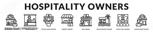 Professional banner representing hospitality entrepreneurs managing restaurants, resorts, cafes, and wellness destinations in Lineal Icon Style