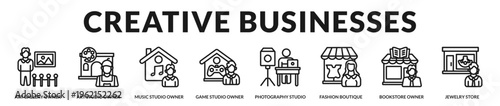 Professional banner highlighting creative entrepreneurs operating galleries, studios, fashion boutiques, and artistic retail businesses in Lineal Icon Style