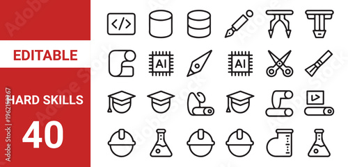 Hard skills icon set. Editable line icons.