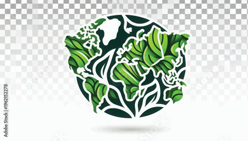 Green World Map Made of Leaves - Global Ecology, Environment Conservation, Nature Protection Vector Illustration on Transparent Background