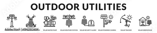 A practical banner featuring solar-powered outdoor systems for agriculture, safety, and environmental monitoring in Lineal Icon Style