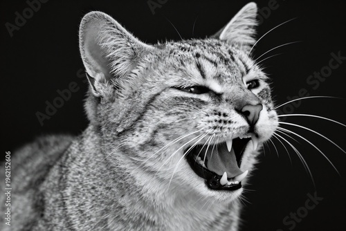 A black and white photo of a cat with its mouth open
