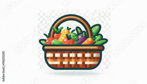 Rustic Woven Basket Full of Fresh Vegetables and Produce Illustration - Flat Design with Grain Texture