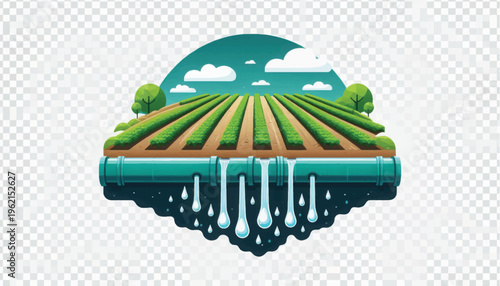 Sustainable Agriculture Irrigation System Illustration. Green Field Cross-Section with Water Flow, Modern Farming Technology and Resource Management.