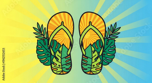 Vibrant yellow flip flops with green tropical leaves on a sunny gradient background