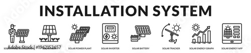 A technical banner focused on solar system setup, monitoring, and infrastructure deployment in Lineal Icon Style
