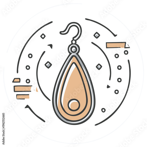 Abstract illustration of a teardrop-shaped earring with hook and circular design elements.