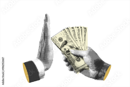 Trendy halftone collage of business concept. Stop Corruption, refusing to take bribery money concept, honest businessman hand refuse to take illegal money banknotes. Trendy modern retro illustration.